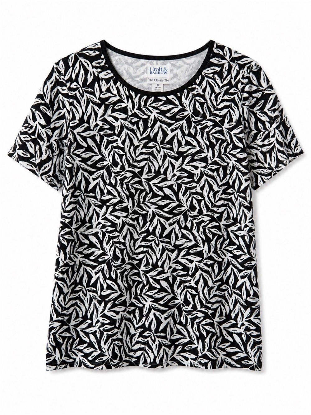 Croft & Barrow Black White Botanical Leaf Print Boho Short Sleeve Tee Large